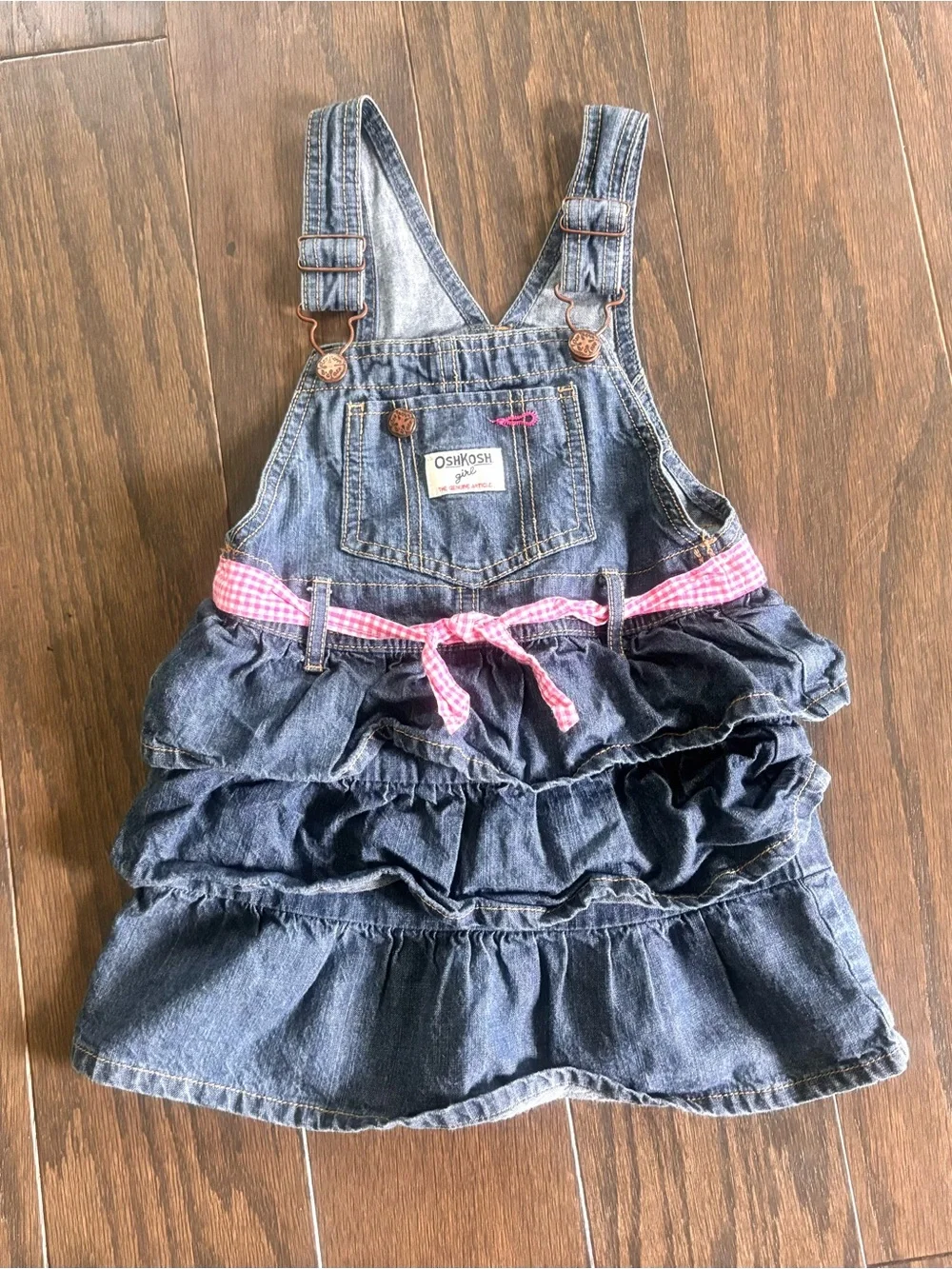 Osh Kosh B’Gosh Denim W/ Pink Gingham Bib Overall Jumper Dress Ruffle Tier- 4T
